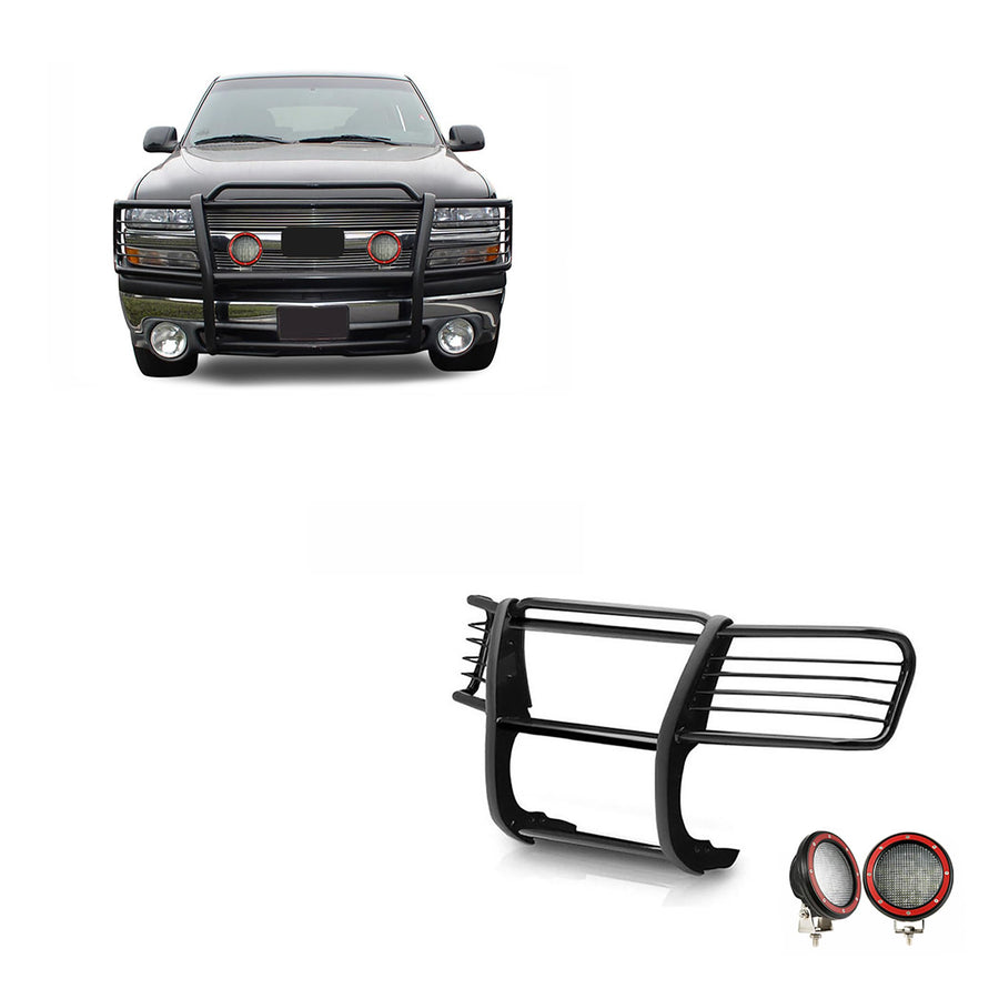 Bumper Guard Black Horse Grille Brush Modular Black Come with Pair of 5.3" LED Lights Compatible with 1999-2002 Silverado 1500|2000-2006 Suburban 1500/Tahoe/Yukon/Yukon XL 1500-17GT23MA-PLFR