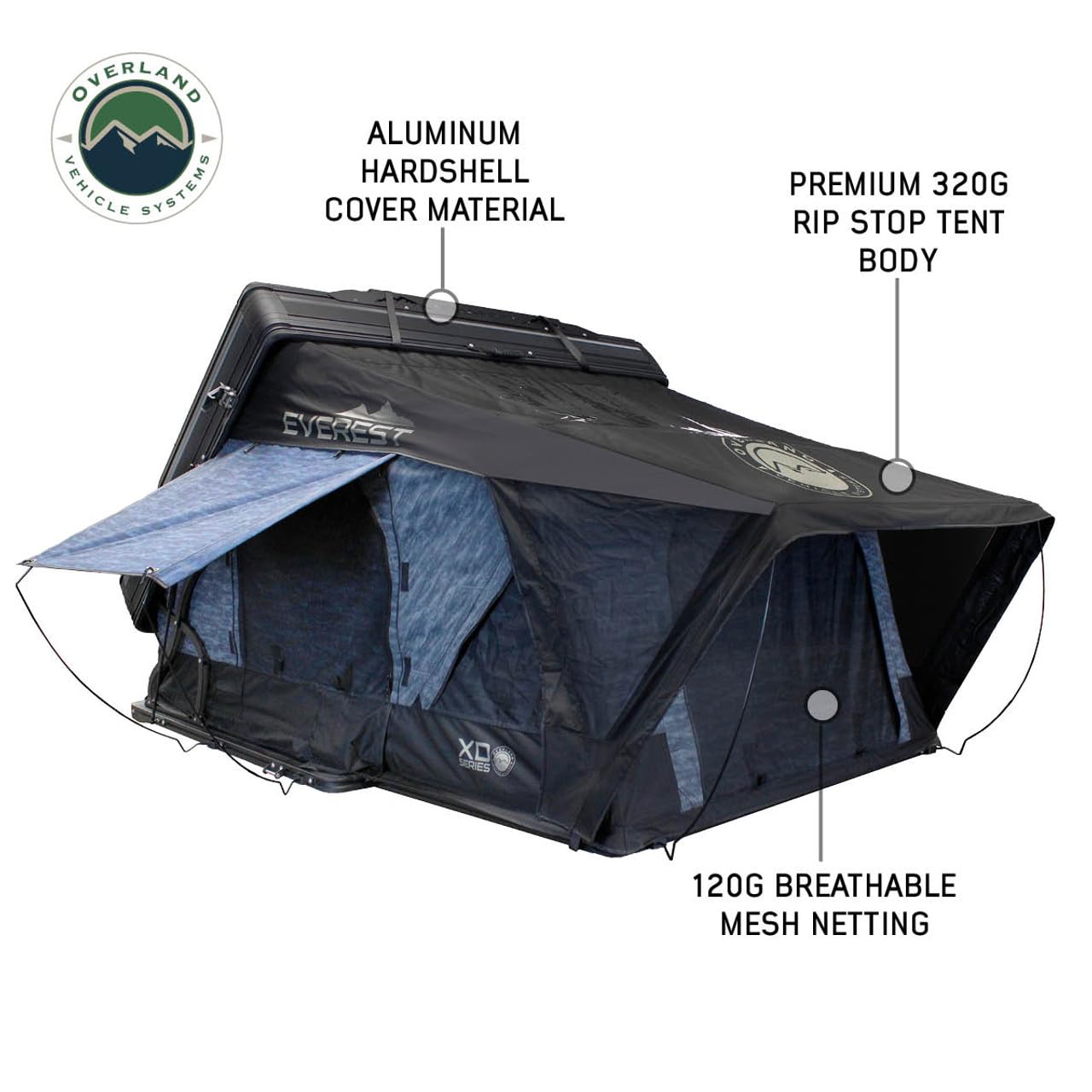 XD Everest Overland Vehicle Systems Cantilever Aluminum Hard Sheel Roof Top Tent with Black Out Kit - Grey Body & Black Rainfly (2 Person Roof Top Tent)
