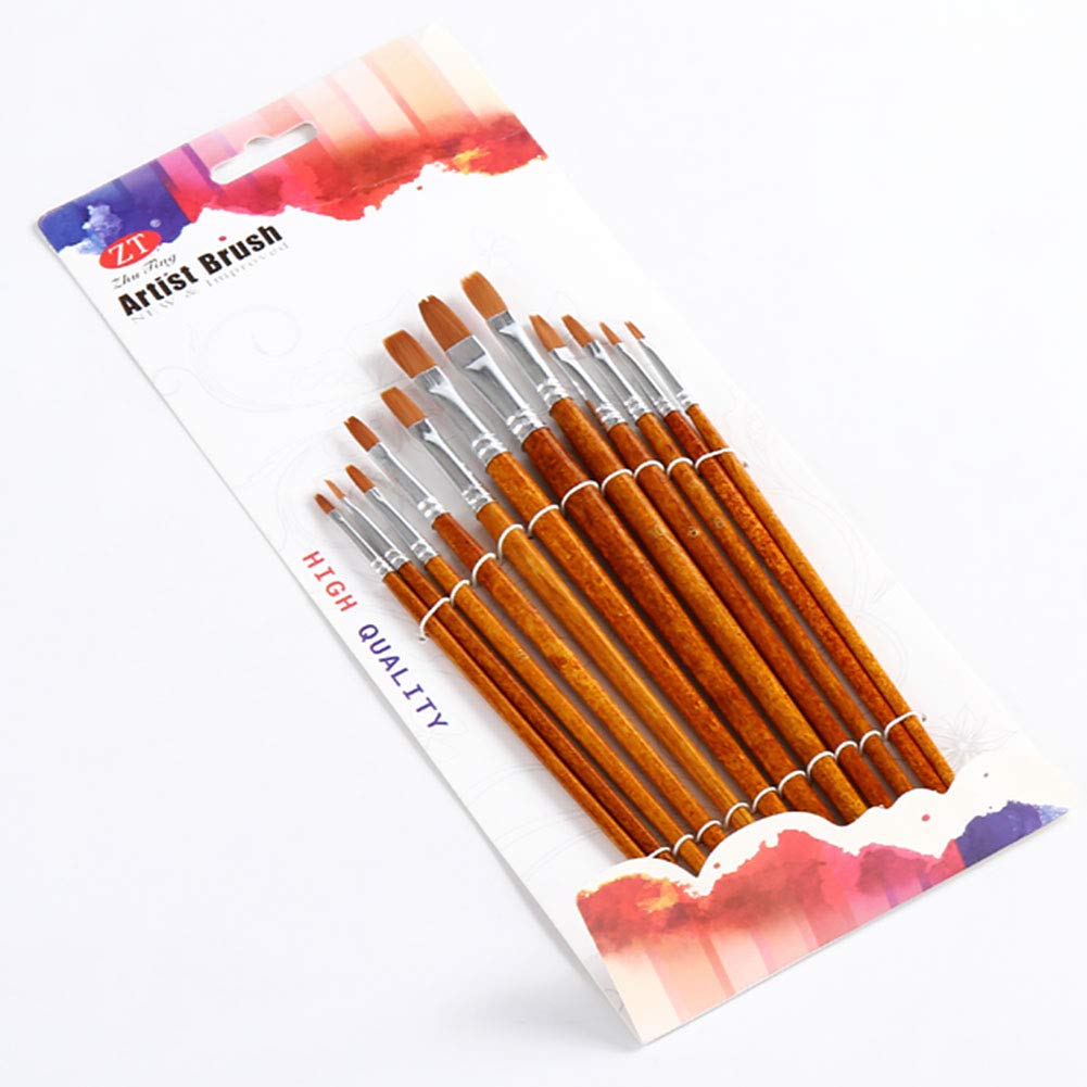 12pcs Paint Brush Oil Painting Set Watercolor Acrylic Wood Handles Art Supplies Reusable Nylon Fine Pointed Flat Drawing