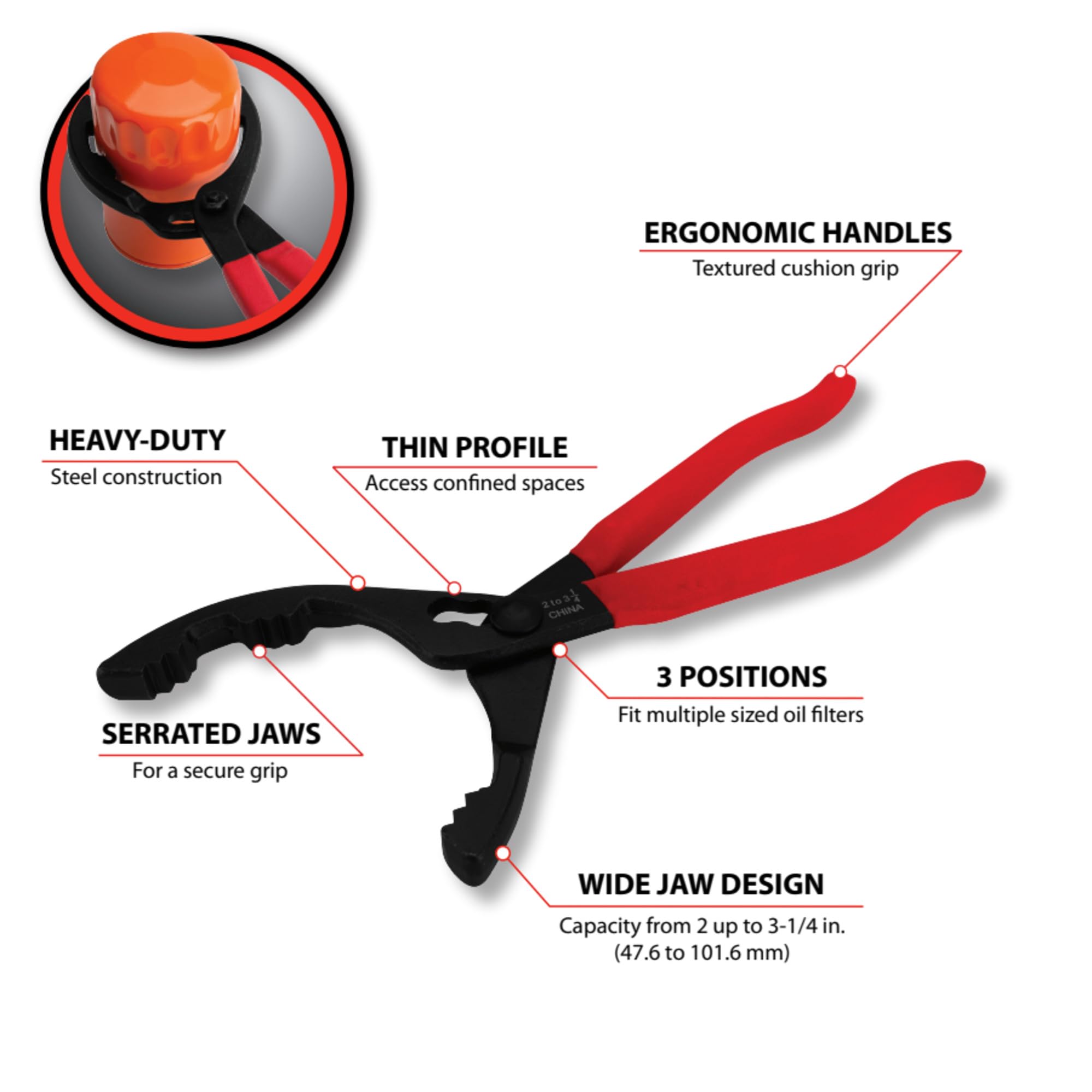 Small Performance Tool W54310 Straight Jaw Oil Filter Pliers 2 in. to 3-1/4 in.