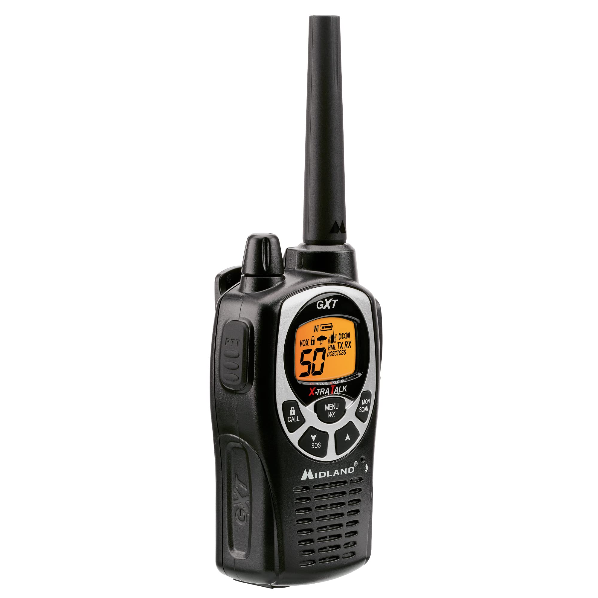 Midland Two-Way Radio 50 Channel GMRS - Long Range Walkie Talkie with 142 Privacy Codes, SOS Siren, and NOAA Weather Alerts and Weather Scan (Black/Silver, Pair Pack)