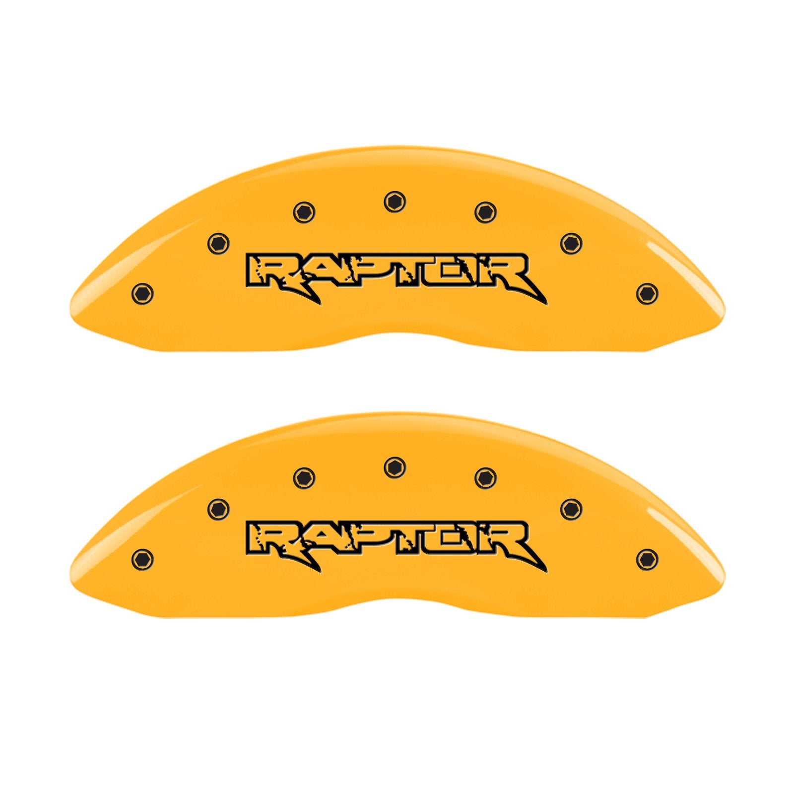Caliper Covers MGP 10219SRPTYL Yellow (Set of 4, Engraved Front and Rear: Raptor, Yellow powder coat finish, black characters)