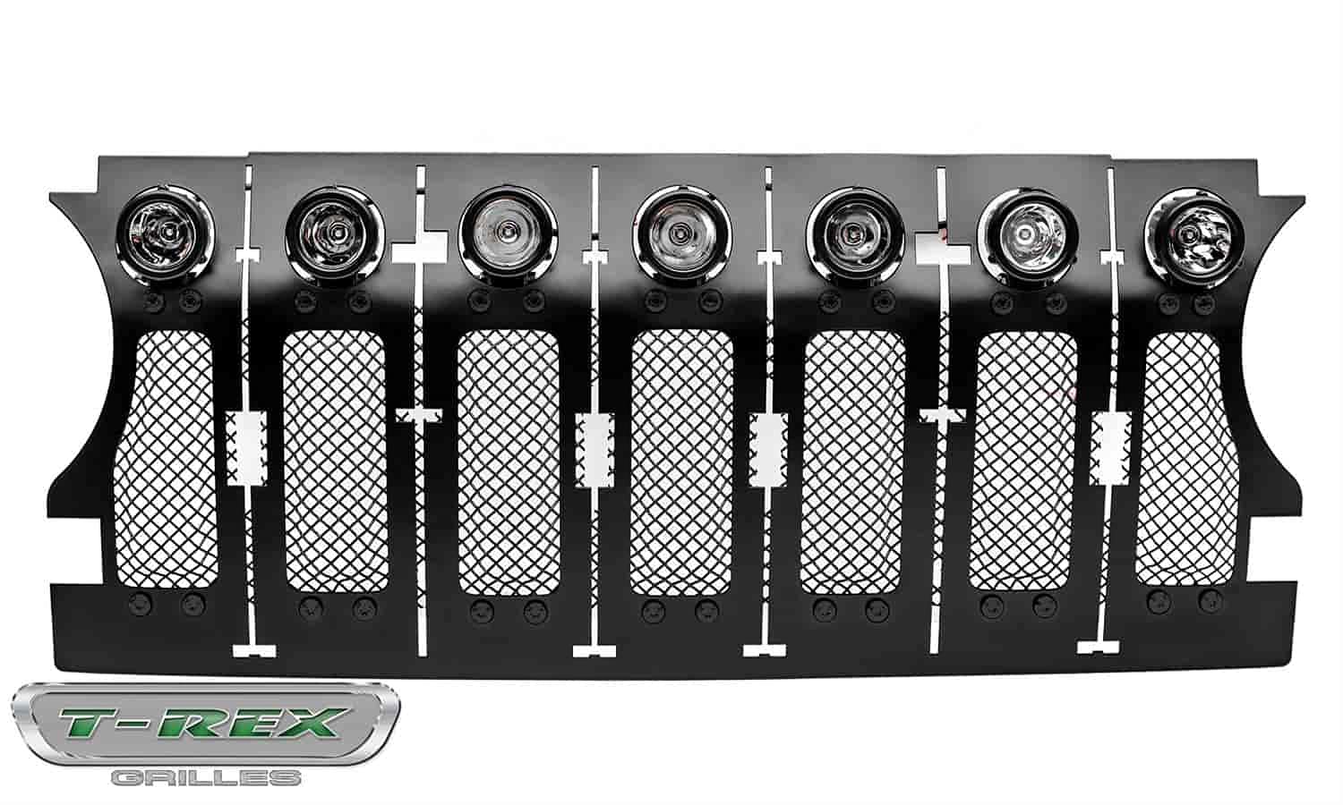 T-REX Stealth Torch Jeep Gladiator, JL Grille, Black, 1 Pc, Insert, Black Studs with (7) 2 Inch LED Round Lights, Does Not Fit Vehicles with Camera - PN #6314931-BR