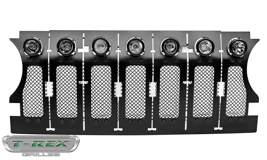 T-REX Stealth Torch Jeep Gladiator, JL Grille, Black, 1 Pc, Insert, Black Studs with (7) 2 Inch LED Round Lights, Does Not Fit Vehicles with Camera - PN #6314931-BR