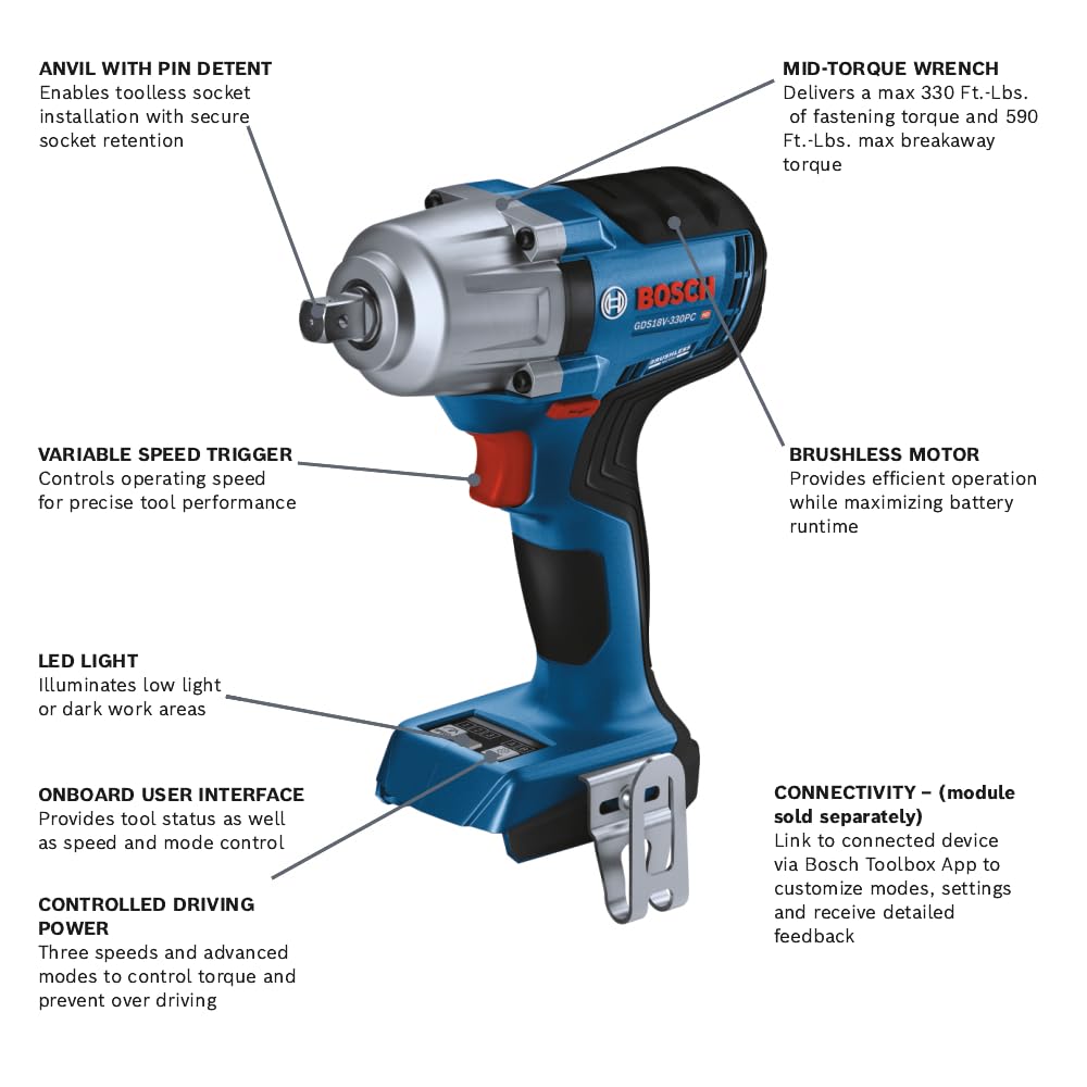 BOSCH 18V GDS18V-330PCN Brushless 1/2 In. Mid-Torque Impact Wrench with Pin Detent (Bare Tool)