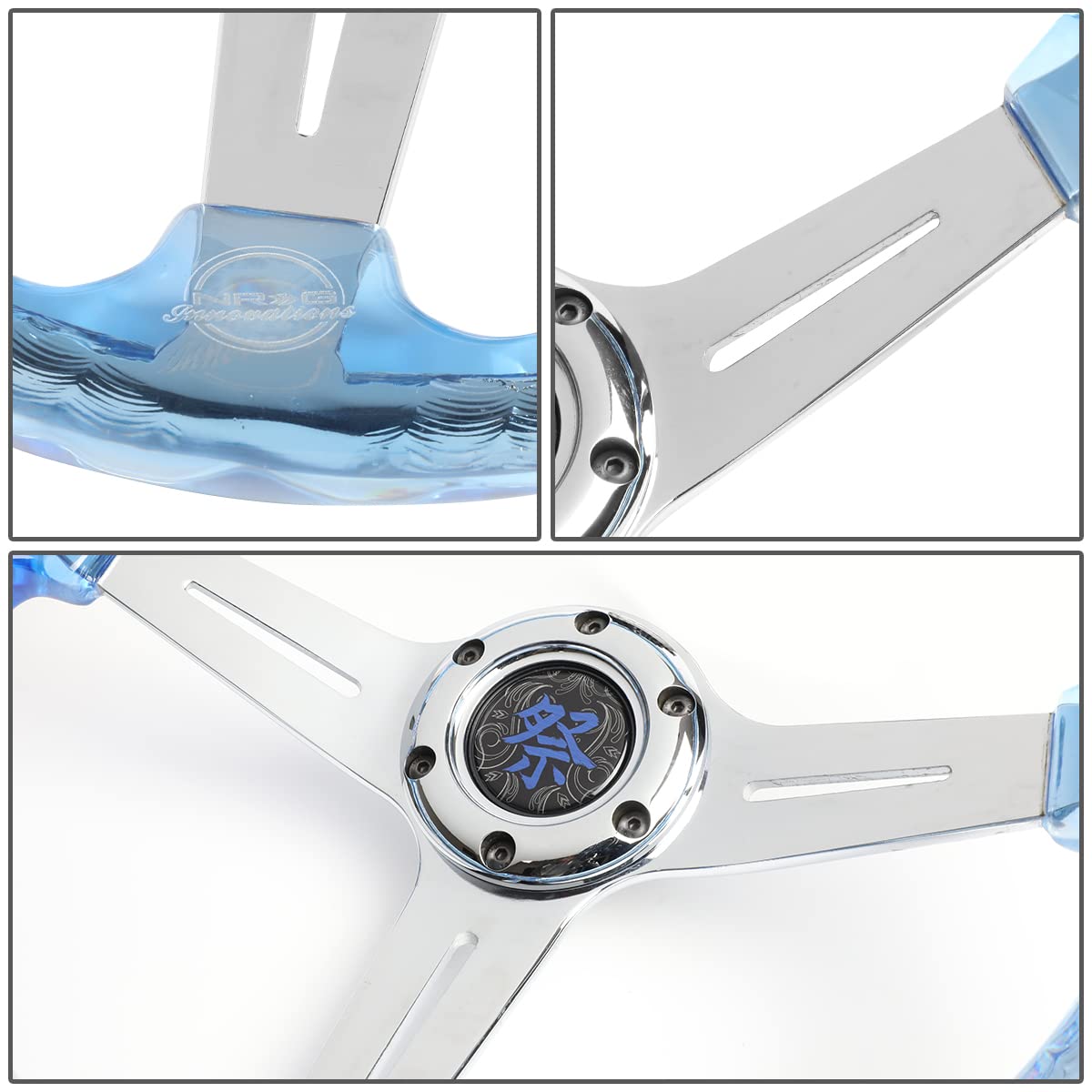 NRG Innovations Reinforced Steering Wheel NRG-RST-027CH-BL 350mm 2" Deep Dish Clear Acrylic Steering Wheel in Blue and Chrome Spoke Finish with Slits