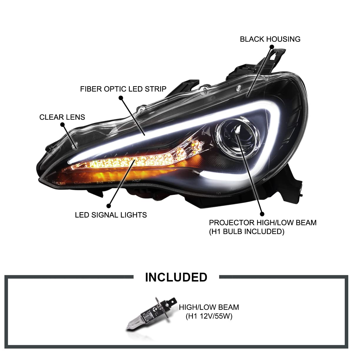 Black LED Tube Projector Headlights SPEC-D TUNING Compatible with 2013-2016 Scion FR-S FRS with Factory Halogen Headlights Left + Right Headlamps Assembly