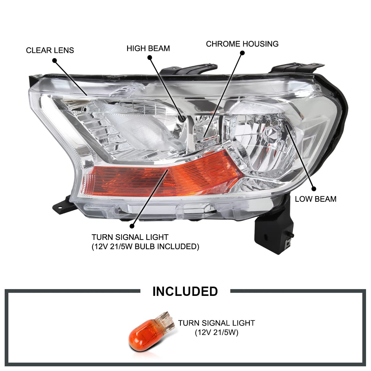 Chrome Headlights SPEC-D TUNING Compatible with 2019-2022 Ford Ranger XL/XLT, Left + Right Pair Headlamps Assembly