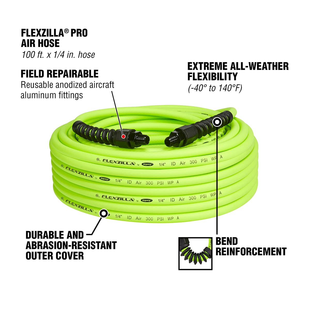 Flexzilla ZillaGreen HFZP14100YW2 Pro Air Hose 100 Feet | 1/4" Hose I.D. | All Weather Flexibility | Lightweight and Easy to Handle | Won't Kink Under Pressure