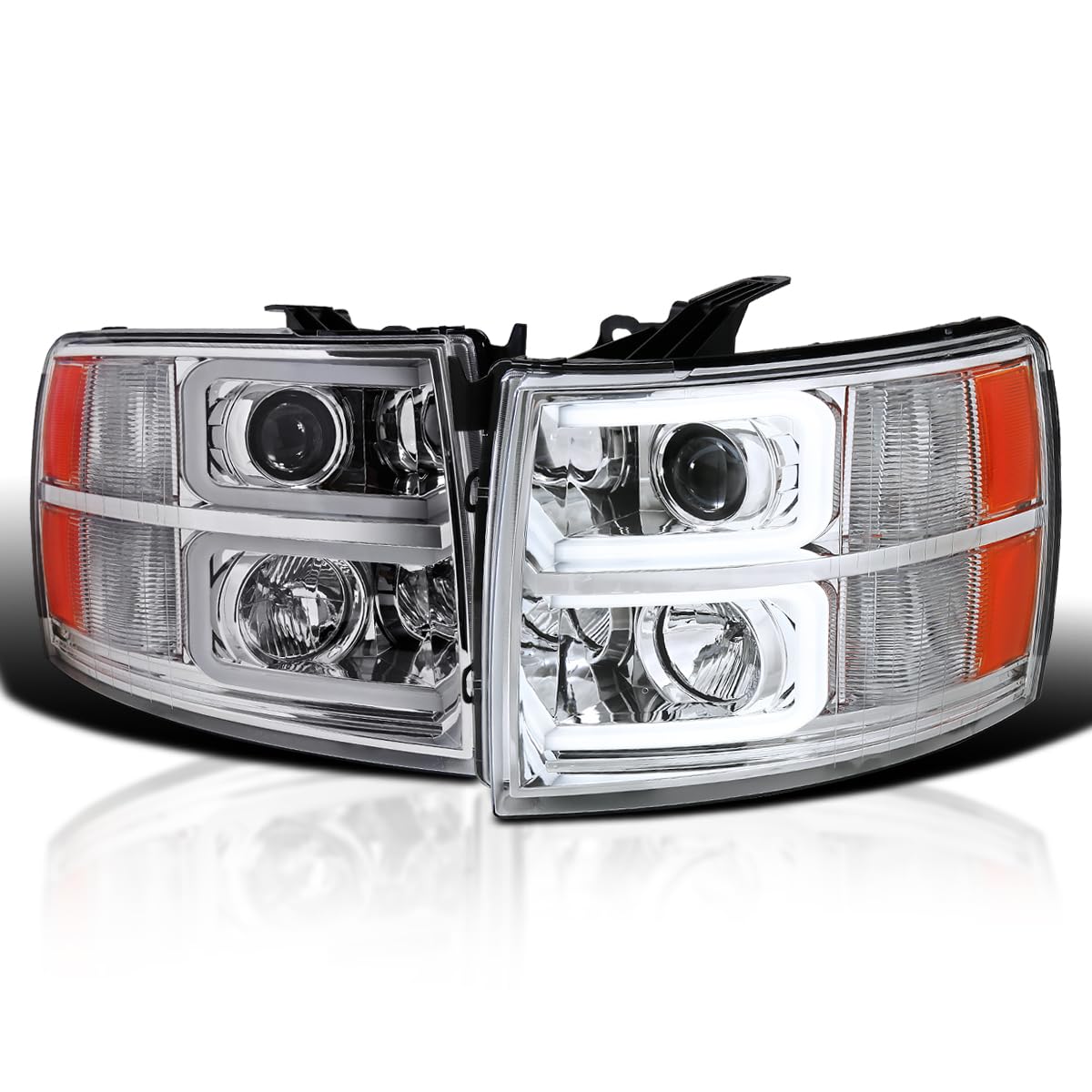 Chrome LED Tube Projector Headlights SPEC-D TUNING Compatible with 2007-2013 Chevy Silverado 1500, 2007-2014 Chevy Silverado 2500 HD 3500 HD, Left + Right Pair Headlamps Assembly