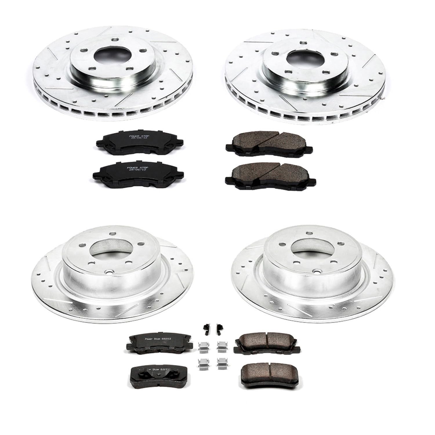 Power Stop K2848 Z23 Carbon Fiber Brake Pads Front and Rear with Drilled and Slotted Brake Rotors Kit For Sebring 200 | Avenger | Compass Patriot | Lancer Outlander [Application Specific]
