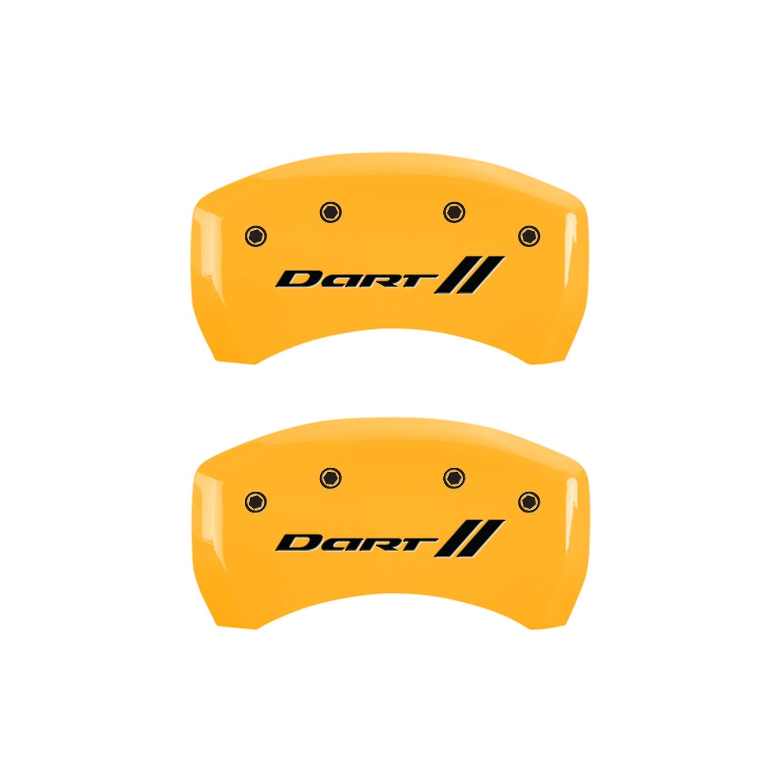 Caliper Covers MGP 12199SDRTYL Yellow (Set of 4, Engraved Front and Rear: With stripes/Dart, Yellow powder coat finish, black characters)