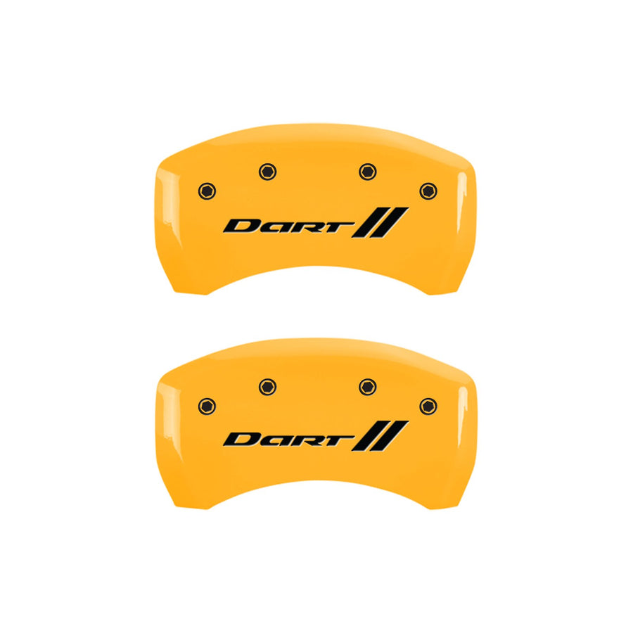 Caliper Covers MGP 12199SDRTYL Yellow (Set of 4, Engraved Front and Rear: With stripes/Dart, Yellow powder coat finish, black characters)