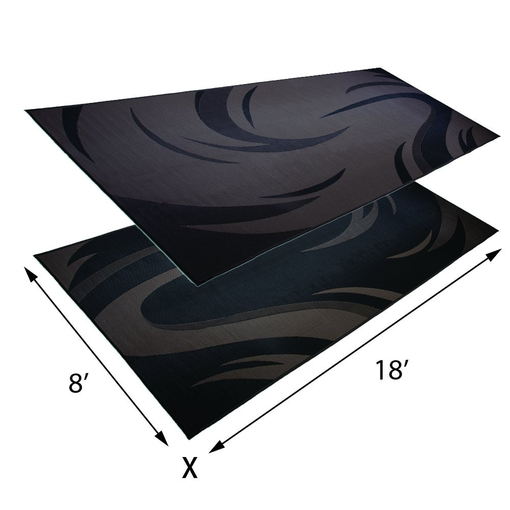 Camping Stylish SD8181 8-Feet x 18-Feet Graphic Swish Outdoor RV Reversible Patio Mat, Black/Brown