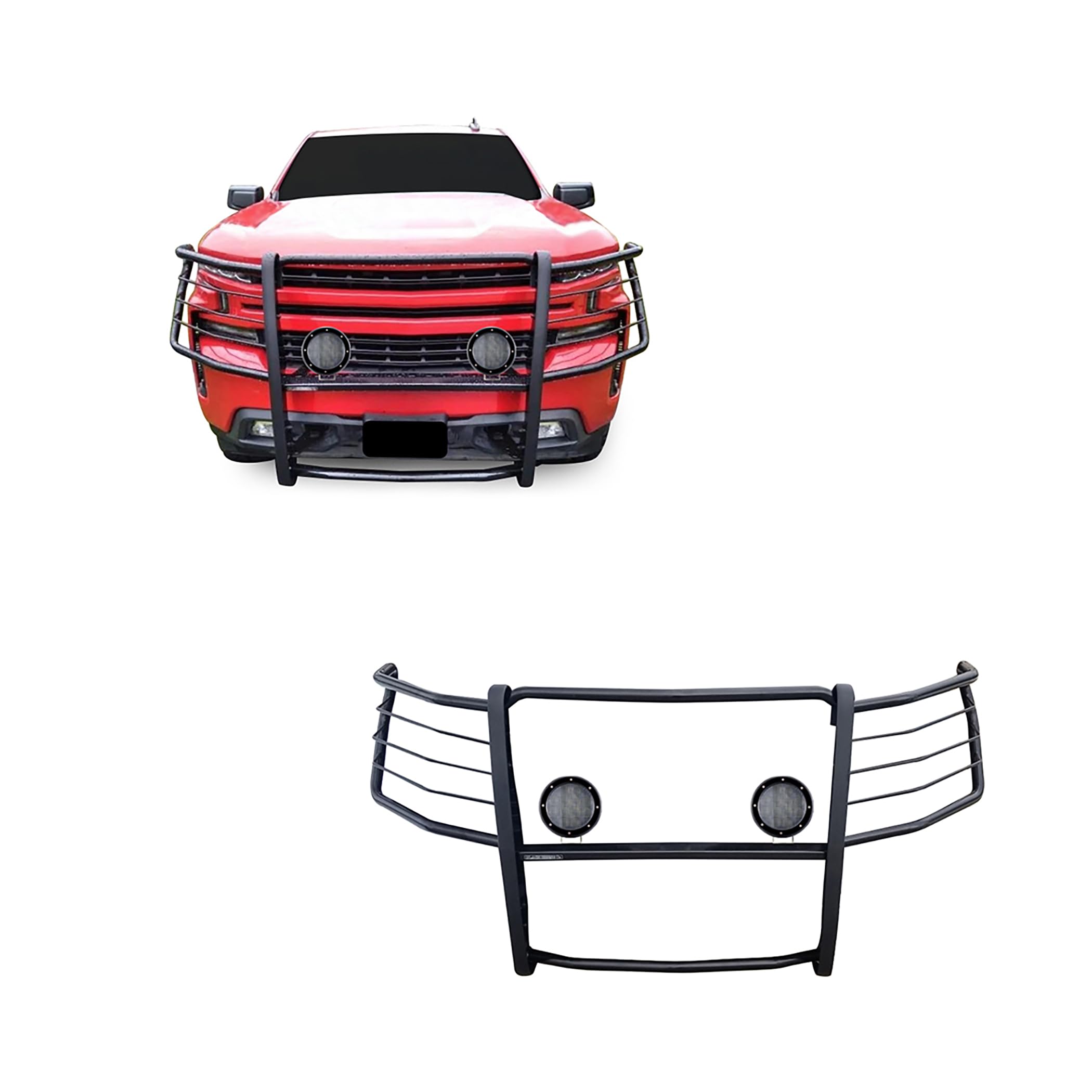 Bumper Guard Black Horse Grille Brush Modular Black Come with Pair of 5.3" Dia.LED Lights with Black Trim Rings Compatible with 2019-2021 Silverado 1500|2022-2022 Silverado 1500 LTD -17GT29MA-PLFB