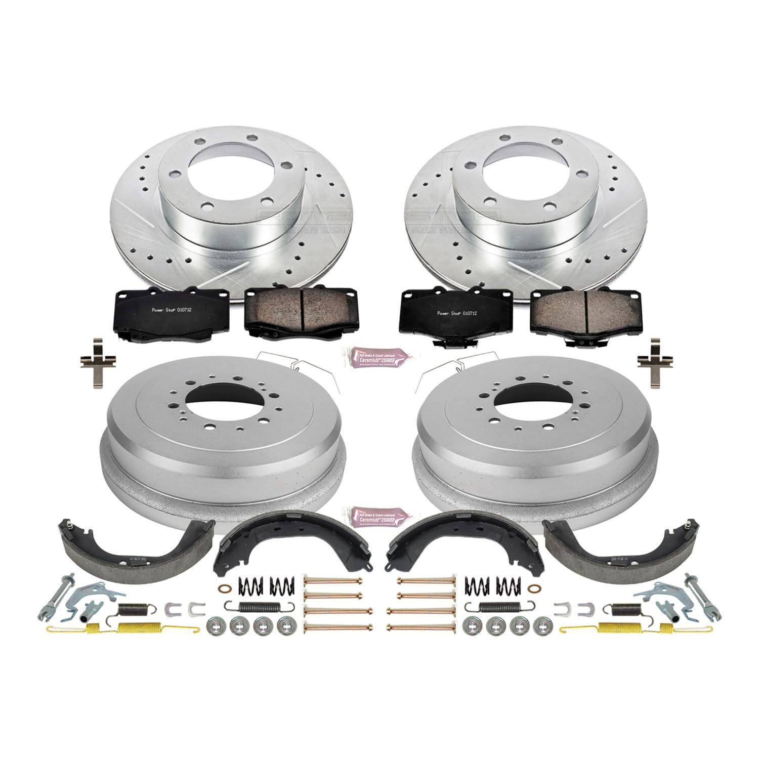Power Stop K15096DK Z23 Carbon Fiber Brake Pads Front and Rear with Drilled & Slotted Brake Drums Kit For Toyota 4Runner 1995-2000 [Model Specific]