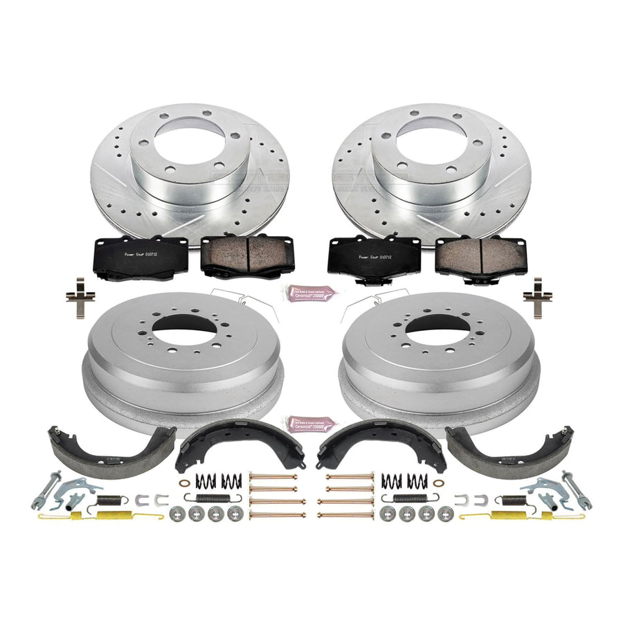 Power Stop K15096DK Z23 Carbon Fiber Brake Pads Front and Rear with Drilled & Slotted Brake Drums Kit For Toyota 4Runner 1995-2000 [Model Specific]