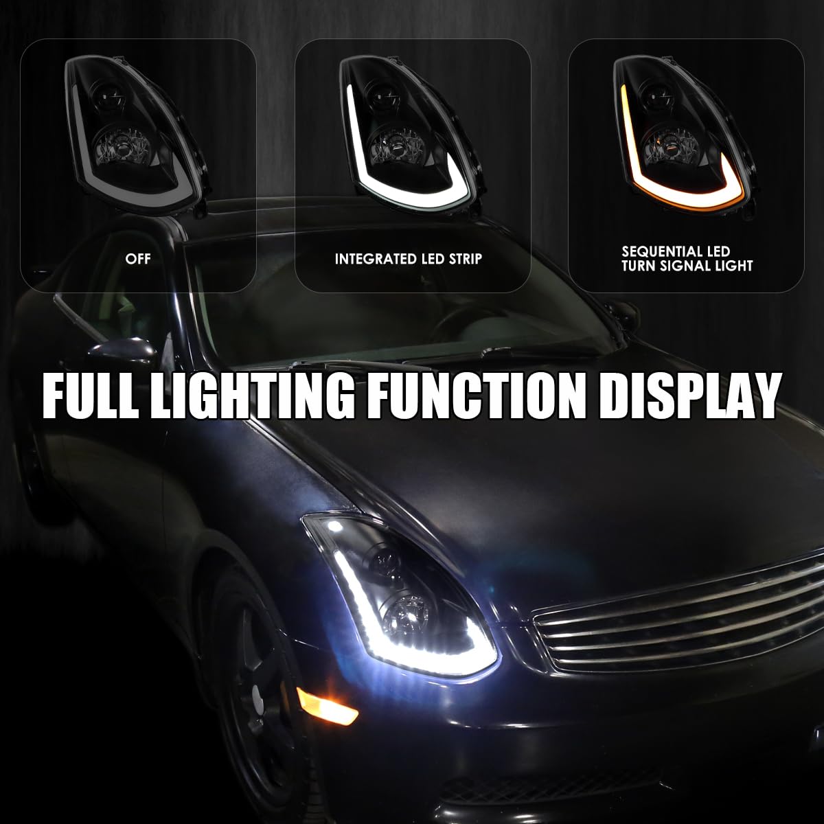 Black Smoke SPEC-D TUNING Projector Headlights w/Sequential LED Strip Compatible with 2003-2007 Infiniti G35 Coupe, Left + Right Pair Headlamps Assembly