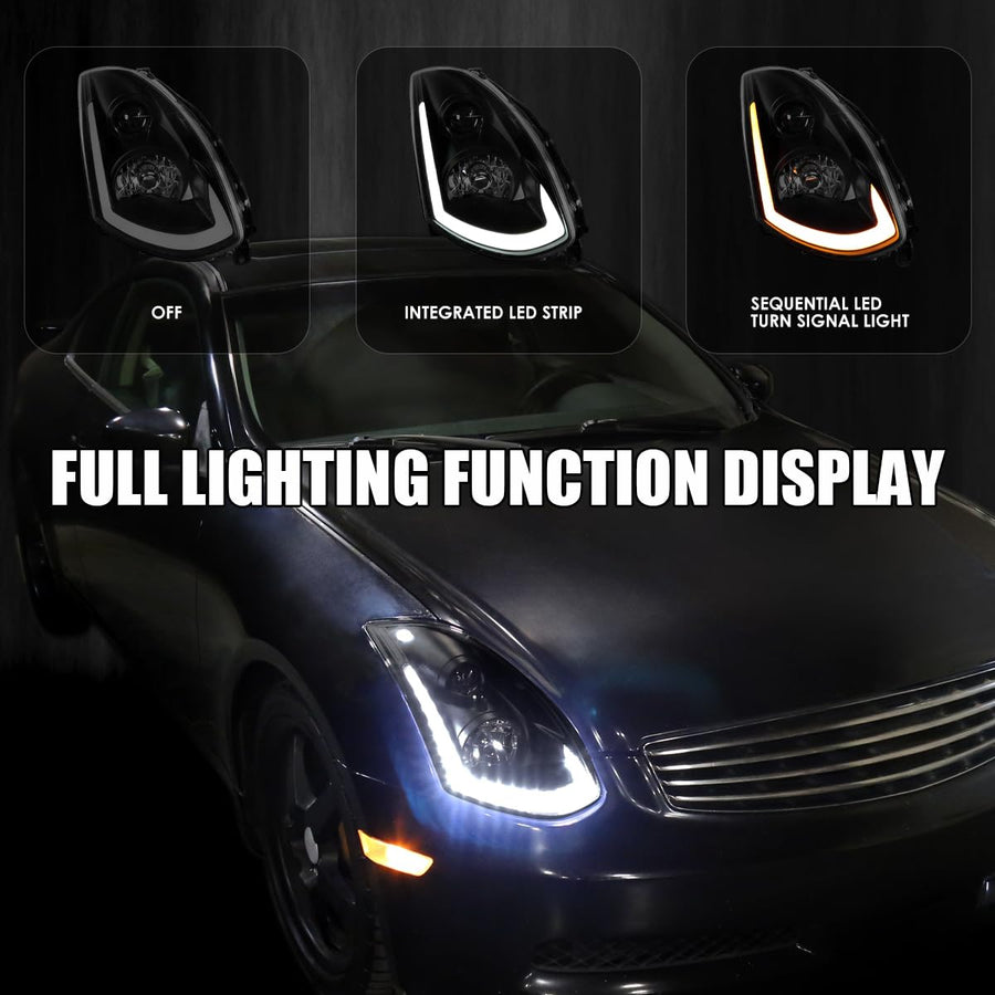 Black Smoke SPEC-D TUNING Projector Headlights w/Sequential LED Strip Compatible with 2003-2007 Infiniti G35 Coupe, Left + Right Pair Headlamps Assembly