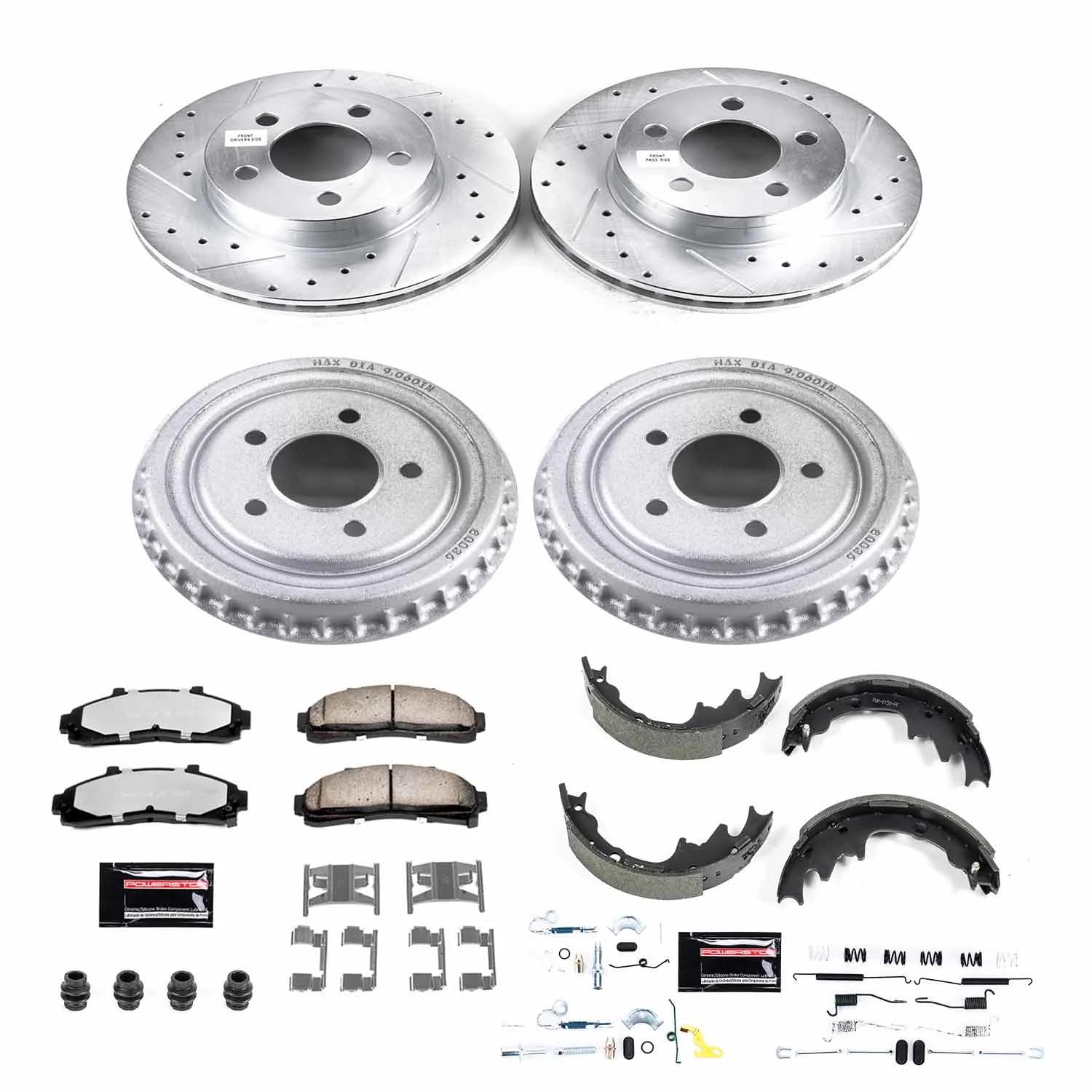Power Stop Brake Kit Front and Rear For 1998 1999 2000 2001 2002 Ford Ranger - Truck & Tow Carbon Fiber Ceramic Pads, Drums, & Drilled and Slotted Rotors Replacement, K15149DK-36
