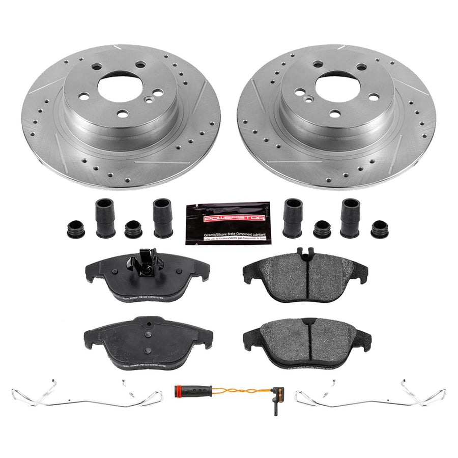 Power Stop K5625 Z23 Carbon Fiber Brake Pads Rear with Drilled & Slotted Brake Rotors Kit and 1 Rear Sensor Wire