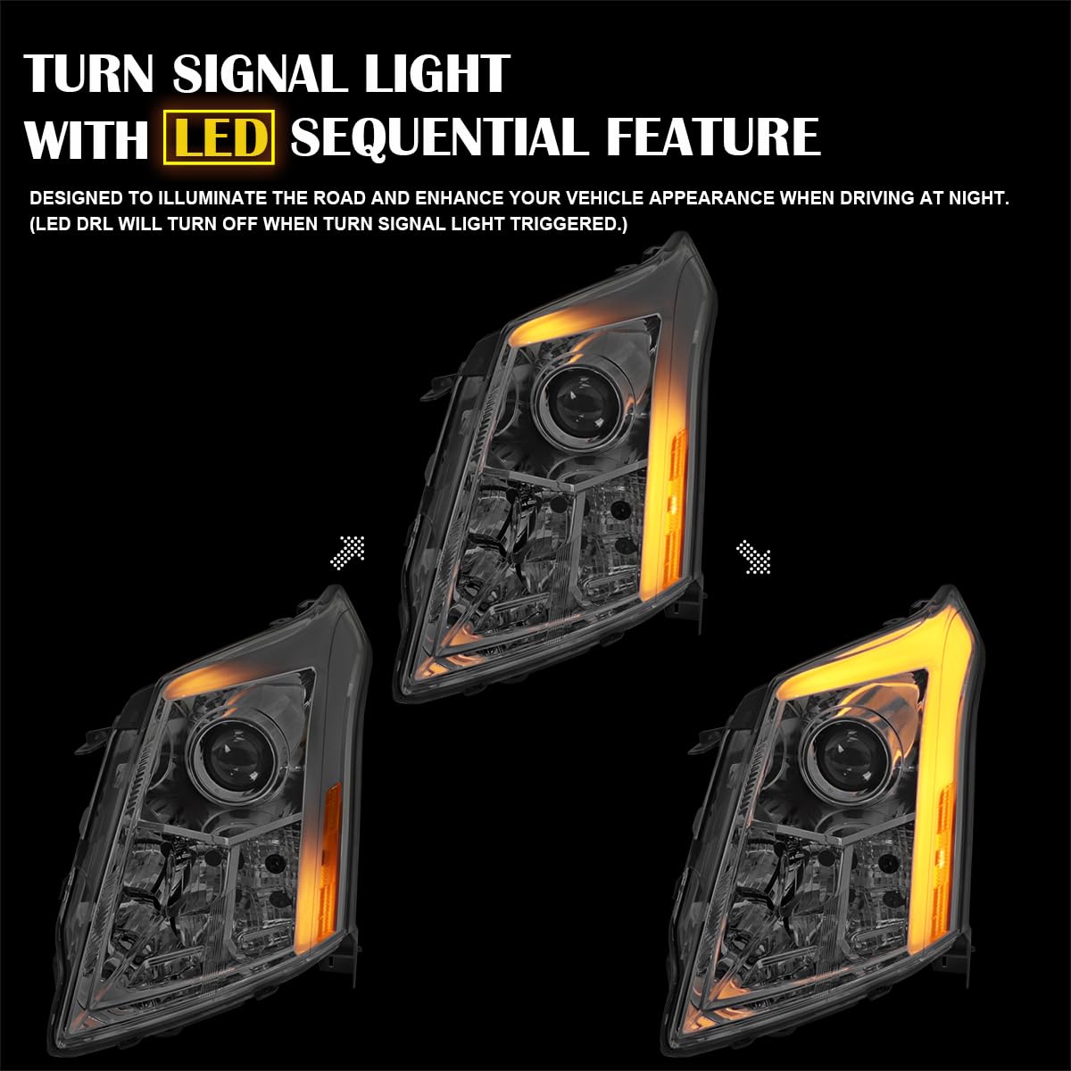 Switchback SPEC-D TUNING Chrome Projector Headlights w/LED DRL Light Bar and Startup Animation Compatible with 2010-2016 Cadillac SRX, Left + Right Head Lamps Assembly