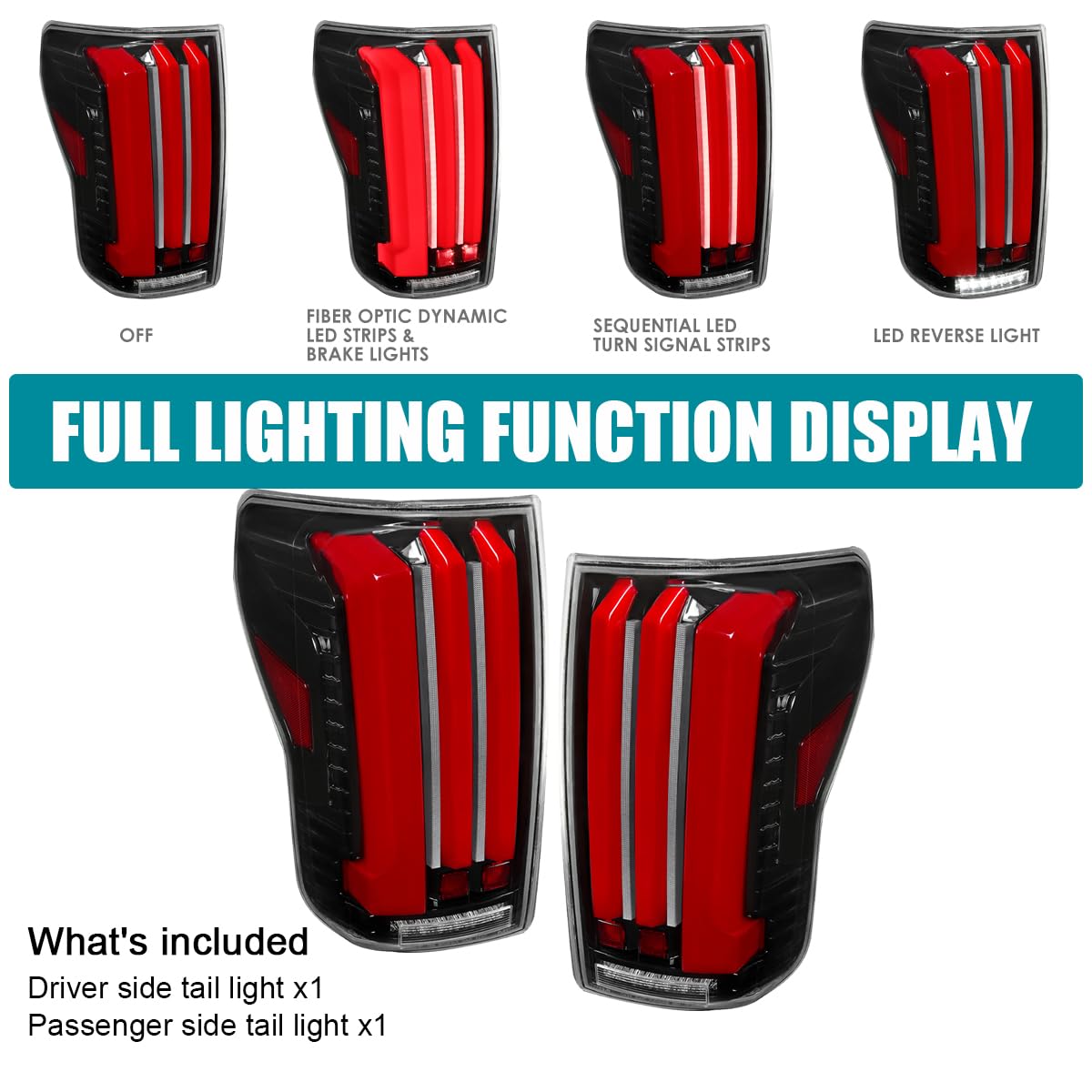Full LED Sequential Tail Lights SPEC-D TUNING w/Red LED Light Bars and Startup Animation Compatible with 2007-2013 Toyota Tundra, Left + Right Pair Assembly