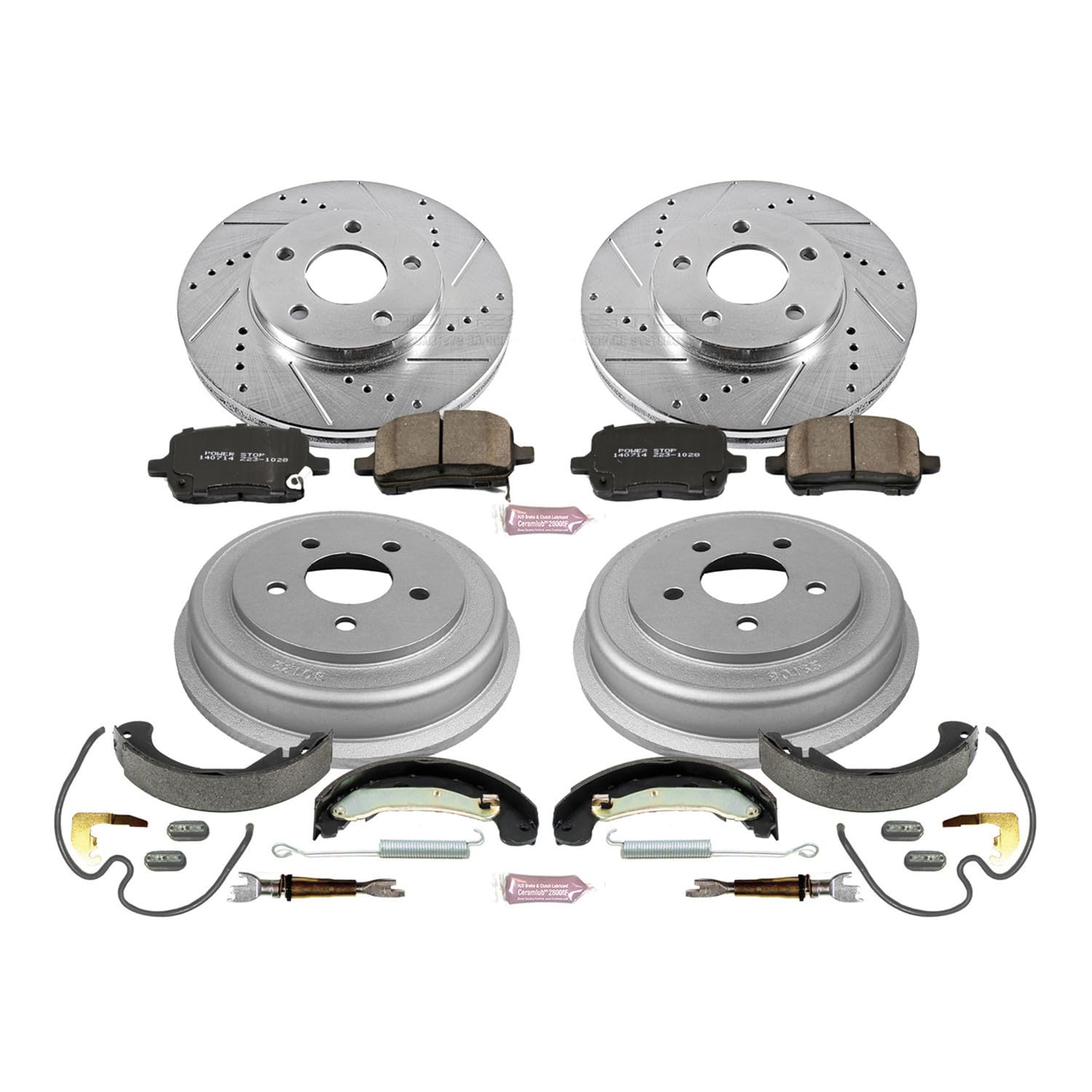 Power Stop K15223DK Z23 Carbon Fiber Brake Pads Front and Rear with Drilled & Slotted Brake Drums Kit For Chevrolet HHR 2008 [Vehicle Specific]