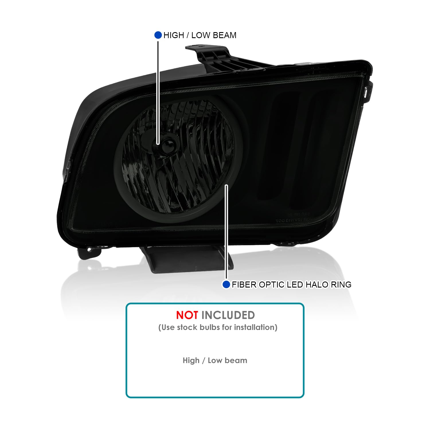 Black Smoke Headlights w/LED Angel Eyes SPEC-D TUNING Compatible with 2005-2009 Ford Mustang, Left + Right Pair Headlamps Assembly