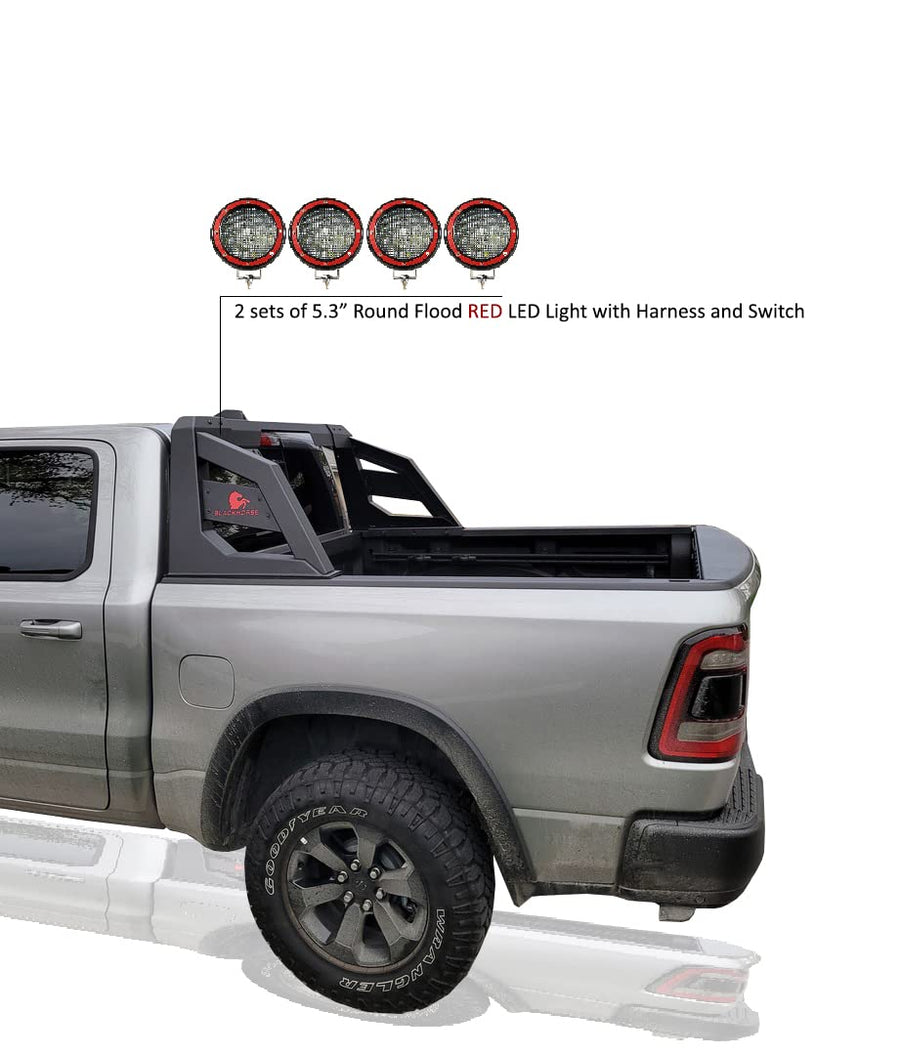 Armour Roll Bar Black Horse Incl. Set of 5.3" Dia.LED Lights w/Red Trim Rings Matte Black Compatible with 2005-2021 Nissan Frontier-ARB-NIFRB-PLFR