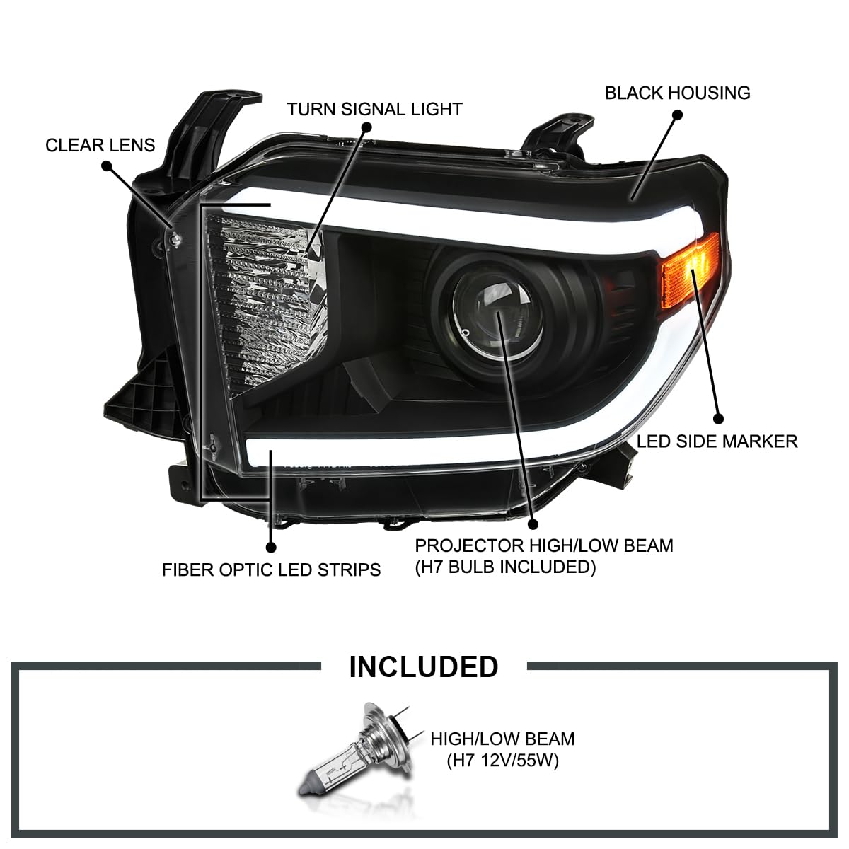 Black Projector Headlights w/LED Tube SPEC-D TUNING Compatible with 2014-2021 Toyota Tundra, Left + Right Pair Headlamp Assembly