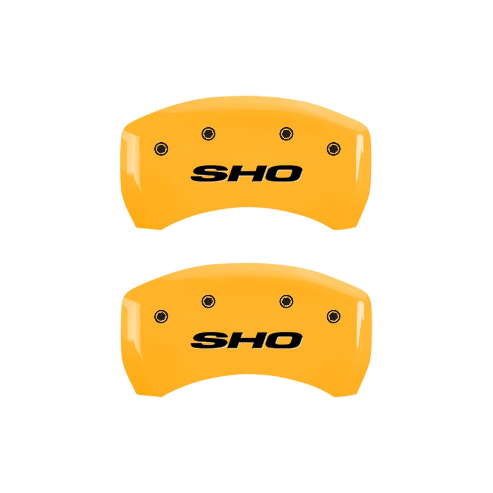 Caliper Covers MGP 10222SSHOYL, Set of 4 (Yellow Engraved Front and Rear: SHO Powder Coat Finish Black Characters)