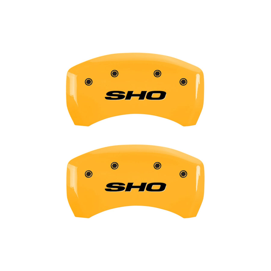 Caliper Covers MGP 10222SSHOYL, Set of 4 (Yellow Engraved Front and Rear: SHO Powder Coat Finish Black Characters)