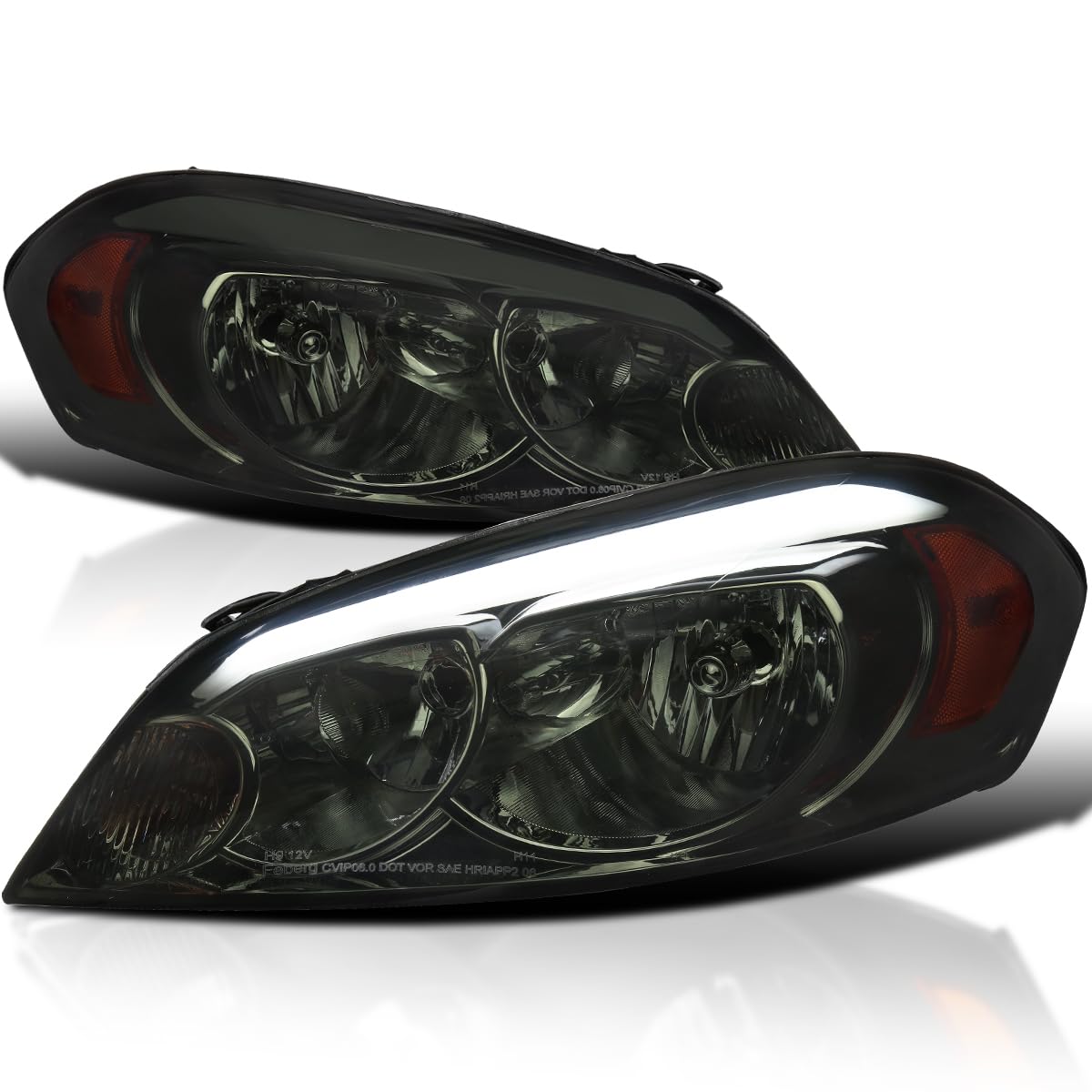 Smoke Headlights w/LED Strip Spec-D Tuning Compatible with 2006-2013 Chevy Impala, 2006-2007 Monte Carlo, Left + Right Pair Headlamps Assembly