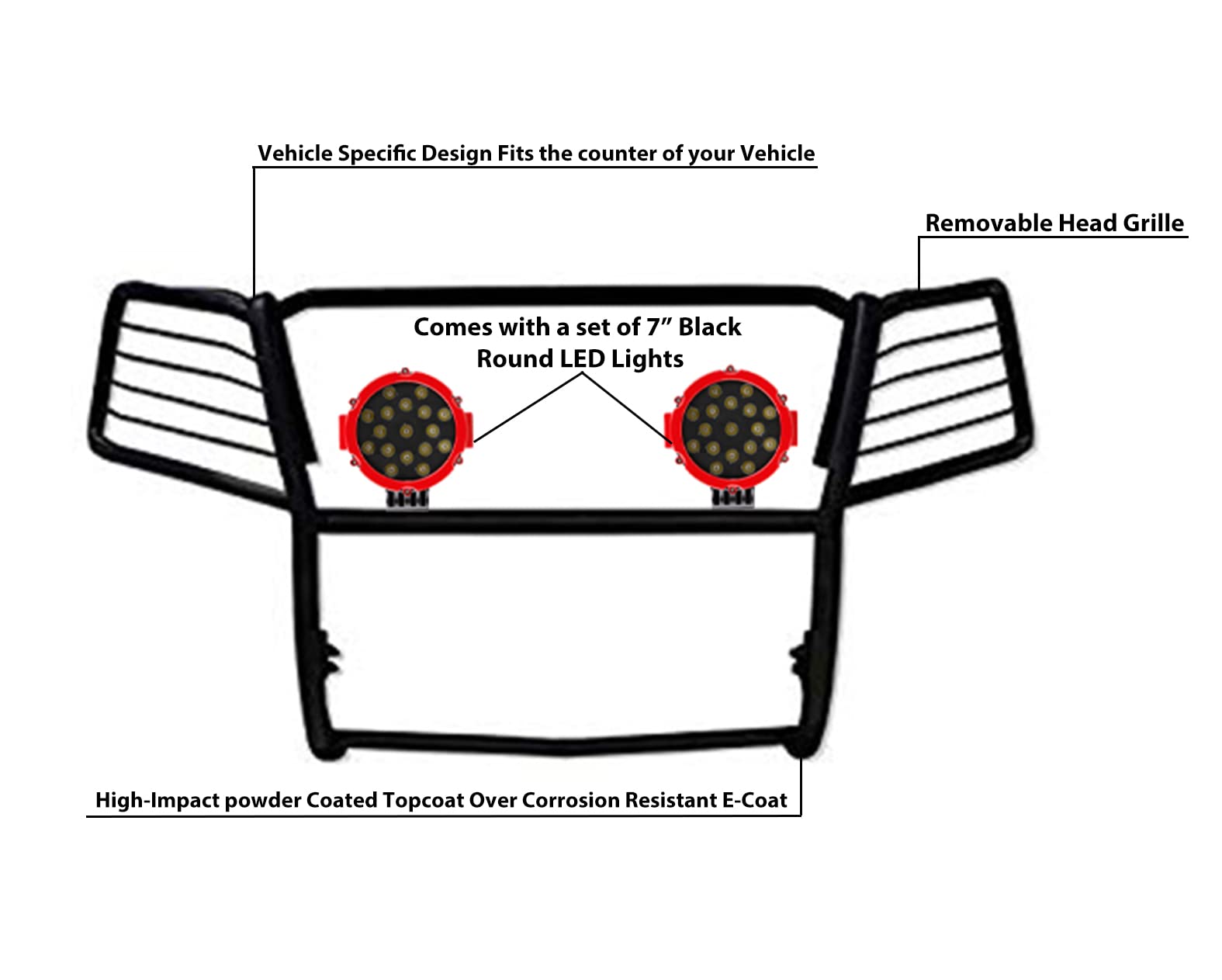 Grille Brush Black Horse Bumper Guard Modular Black Come with Pair of 7.0" Dia.LED Lights with Red Trim Rings Compatible with 2005-2015 Nissan Xterra-17A112100MA-PLR