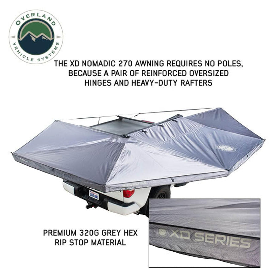 XD Nomadic 270 - Overland Vehicle Systems Awning W/Lights & Black Out, Grey Hex, Black Trim & Black Travel Cover, Passenger Side