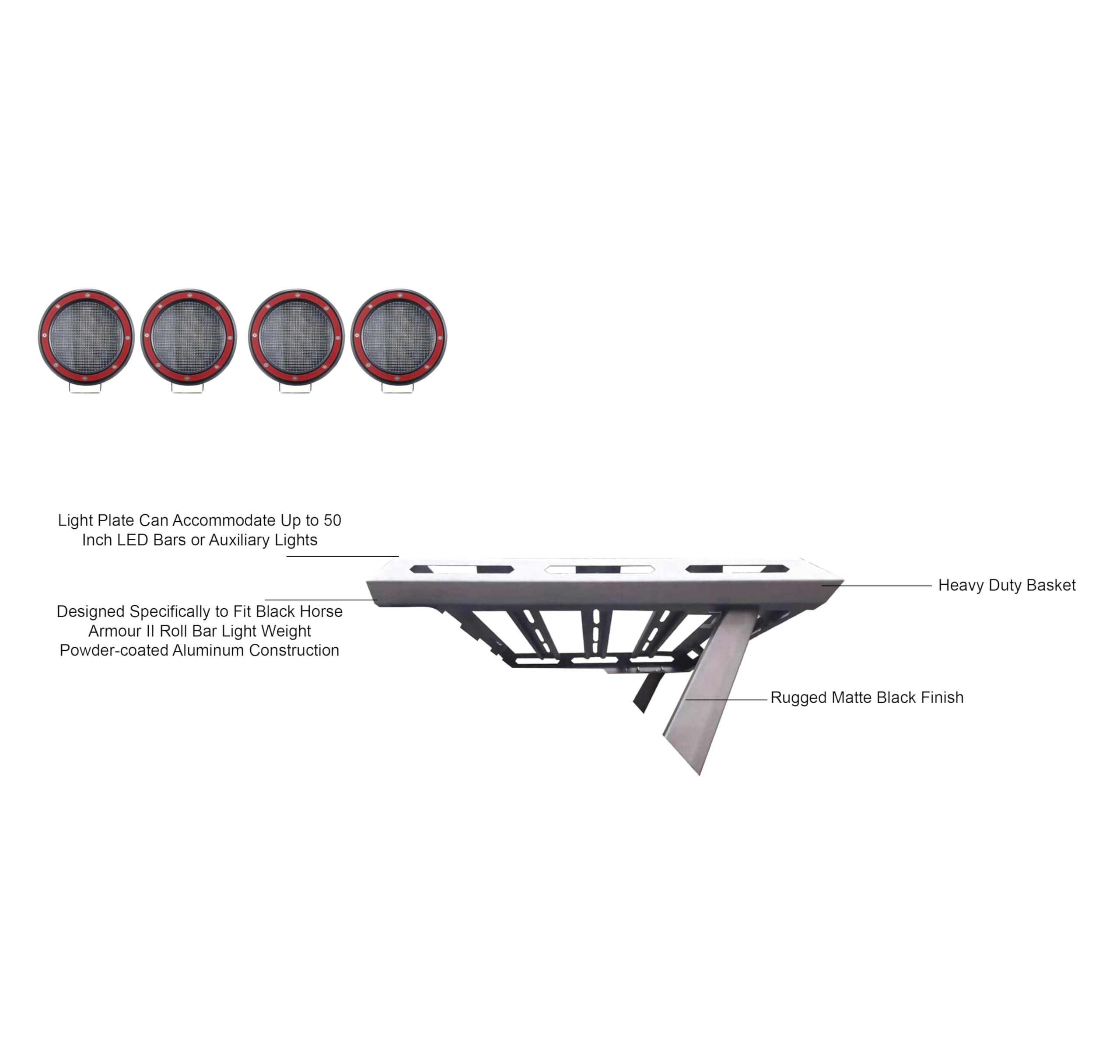 Black Armour II Horse Basket Incl. Set of 5.3" Dia. LED Lights, Black Compatible with 05-24 Toyota Tacoma|15-24 Chevrolet Colorado|15-24 GMC Canyon|19-24 Ford Ranger|05-21 Nissan Frontier