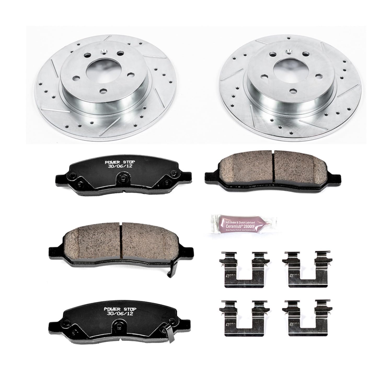 Power Stop K4658 Z23 Rear Carbon Fiber Brake Pads with Drilled & Slotted Brake Rotors Kit For Buick Lucerne 2006-2011, Cadillac DTS 2006-2011 [Model Specific]