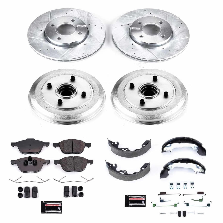 Power Stop K15192DK Z23 Carbon Fiber Brake Pads Front and Rear with Drilled & Slotted Brake Drums Kit For Ford Focus 2005-2007 [Vehicle Specific]