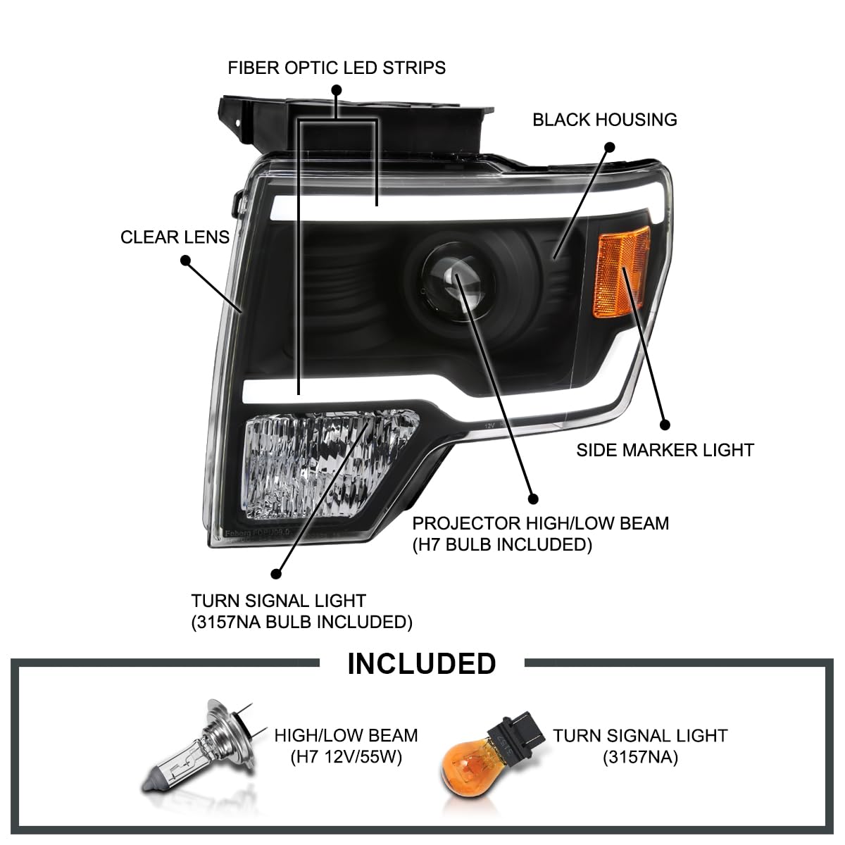 Black Projector Headlights w/LED Strips SPEC-D TUNING Compatible with 2009-2014 Ford F-150, Left + Right Pair Headlamps Assembly