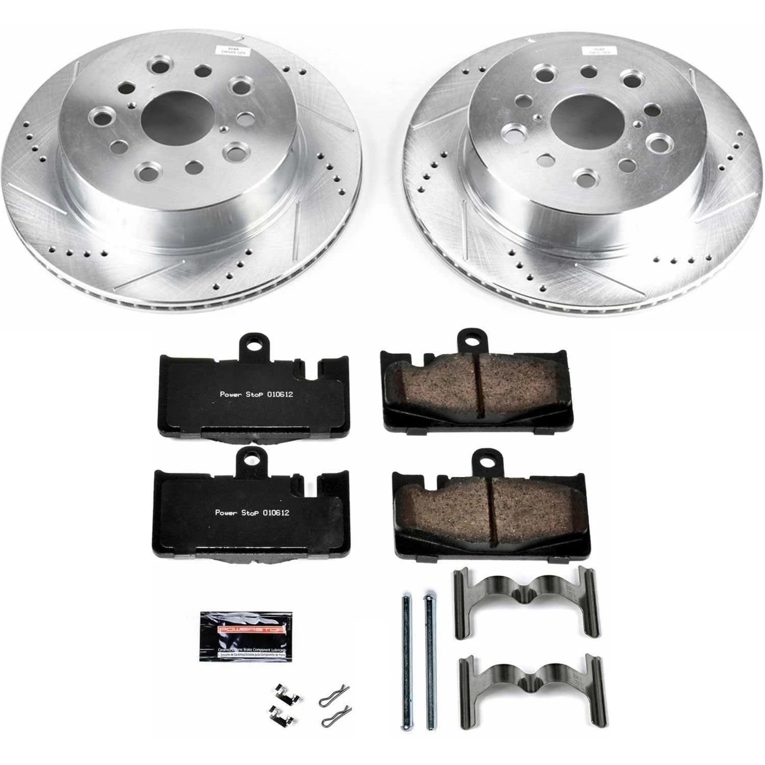 Power Stop K2329 Rear Brake Pads Z23 Carbon Fiber with Drilled & Slotted Brake Rotors Kit and 2 Rear Sensor Wires For Lexus LS430 2001-2006 [Model Specific]