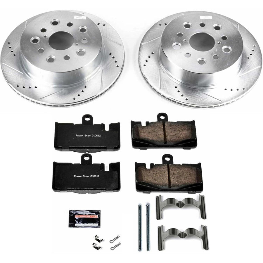 Power Stop K2329 Rear Brake Pads Z23 Carbon Fiber with Drilled & Slotted Brake Rotors Kit and 2 Rear Sensor Wires For Lexus LS430 2001-2006 [Model Specific]