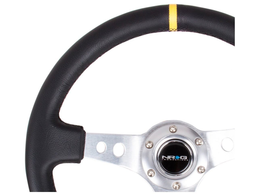 NRG Innovations Reinforced NRG-RST-006SL Steering Wheel 350mm Sport Steering Wheel (3" Deep), Silver Spoke with Round Holes, Black Leather