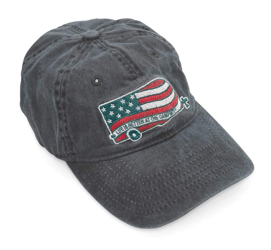 Camco Patriotic Travel Trailer Hat is Better at The Campsite - Baseball Style Hat with an Adjustable Strap - Charcoal (53354)