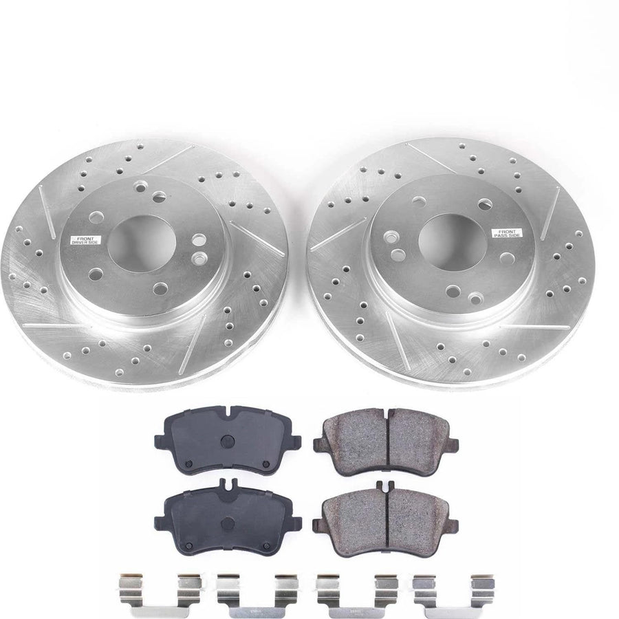 Power Stop K3048 Z23 Carbon Fiber Brake Pads with Drilled & Slotted Brake Rotors Kit and 1 Front Sensor Wire