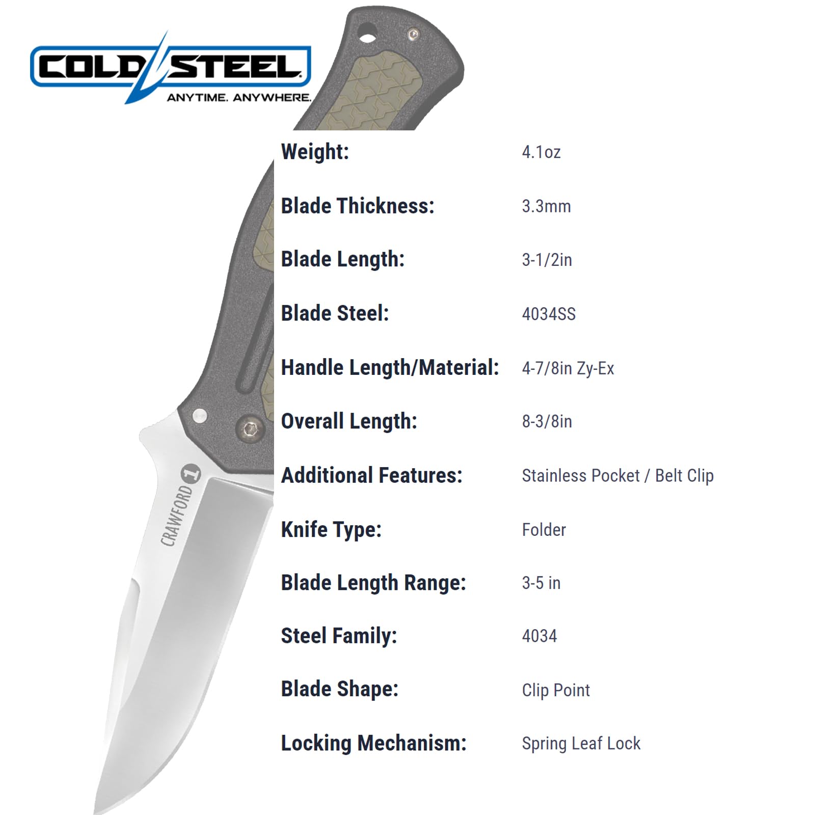 Cold Steel 3.5" Crawford Model 1 Clip Point Blade 4.875" OD Green Zy-Ex Handle Tactical Folding Knife, Boxed