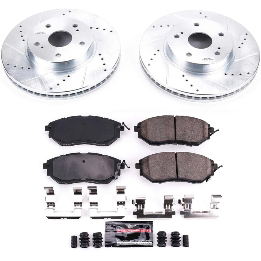 Power Stop K8404 Z23 Front Carbon Fiber Brake Pads with Drilled & Slotted Brake Rotors Kit For Subaru Legacy 2015 [Model Specific]