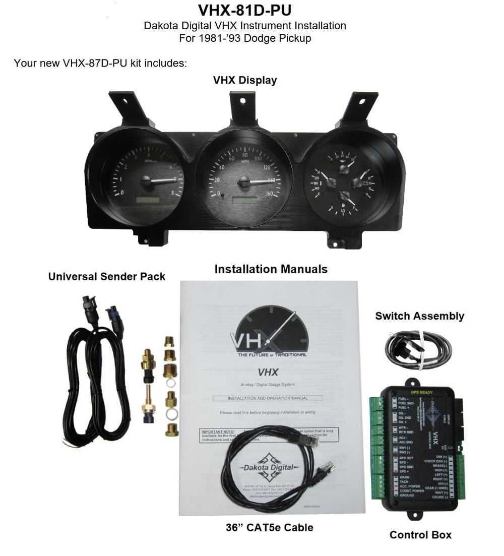 Dakota Digital VHX-81D-PU-K-B Analog Dash Gauge System with Compatible 1981-93 Dodge Full-Size Truck and Ramchargers, Black Alloy Style, Blue Backlighting