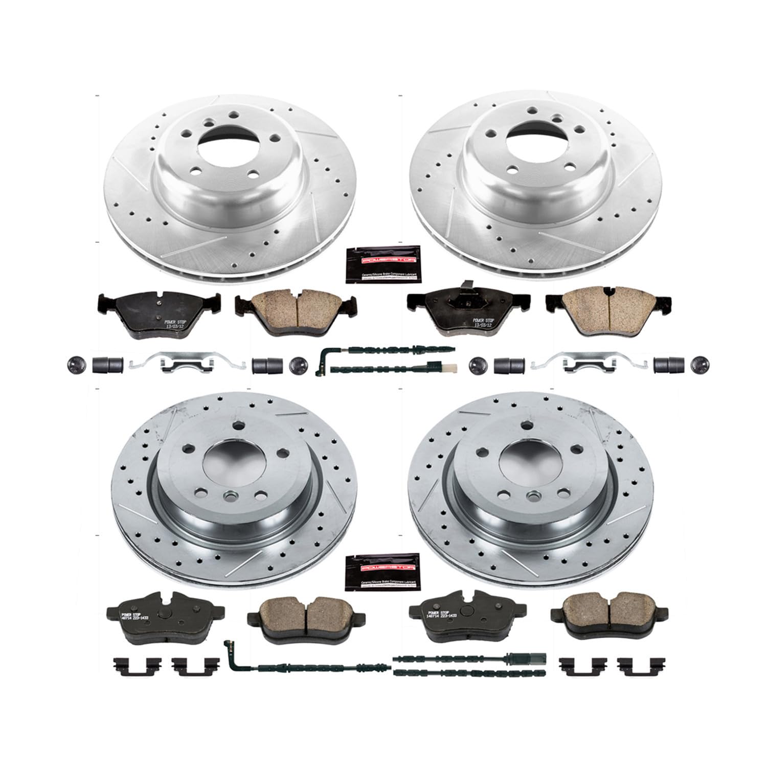 Power Stop K6579 Z23 Carbon Fiber Brake Pads Front and Rear with Drilled & Slotted Brake Rotors Kit For BMW Z4 2009-2010 [Model Specific]