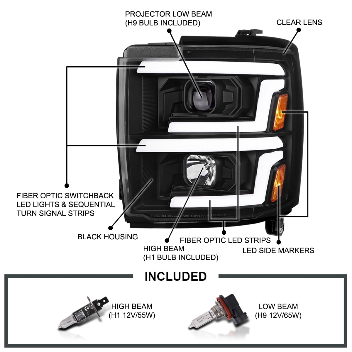 Black Projector Headlights SPEC-D TUNING w/Sequential Switchback LED Signal Lamps Compatible with 2015-2019 Chevy Silverado 2500HD 3500HD